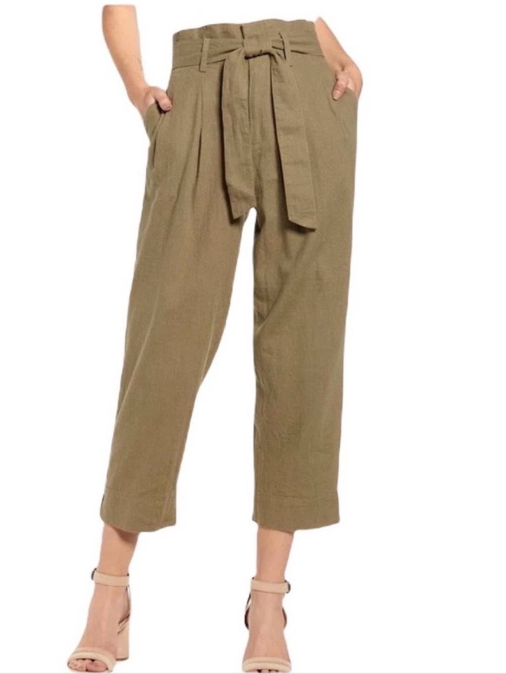 Madewell Paper Bag Waist Moss Olive Green Linen High Rise Cropped Casual Pant 10